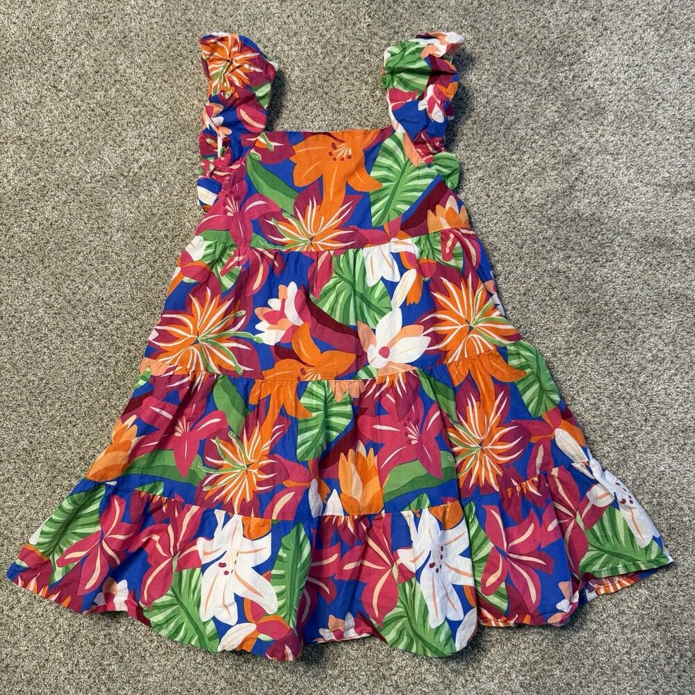 Janie & Jack Size 5 Tropical Floral Tiered Sundress Blue Orange Pink Ruffle